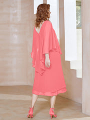 Robe Fourreau en Mousseline à Col en V Longueur de Mollet Pastèque