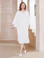 Robe Fourreau en Mousseline à Col en V Longueur de Mollet Blanc