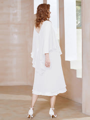 Robe Fourreau en Mousseline à Col en V Longueur de Mollet Blanc
