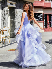 Robe de Soirée Princesse en Tulle à Col en V Longueur au Sol Lavande