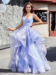 Robe de Soirée Princesse en Tulle à Col en V Longueur au Sol Lavande Grande Taille