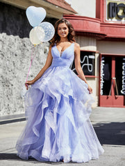 Robe de Soirée Princesse en Tulle à Col en V Longueur au Sol Lavande Grande Taille