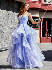 Robe de Soirée Princesse en Tulle à Col en V Longueur au Sol Lavande Grande Taille