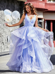 Robe de Soirée Princesse en Tulle à Col en V Longueur au Sol Lavande Grande Taille