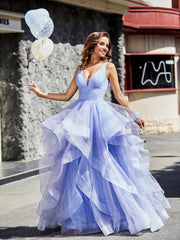Robe de Soirée Princesse en Tulle à Col en V Longueur au Sol Lavande Grande Taille