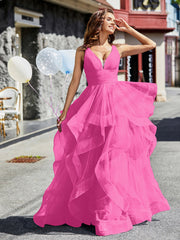 Robe de Soirée Princesse en Tulle à Col en V Longueur au Sol Azalée Grande Taille