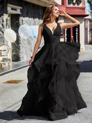 Robe de Soirée Princesse en Tulle à Col en V Longueur au Sol Noir