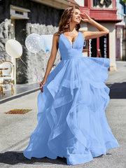 Robe de Soirée Princesse en Tulle à Col en V Longueur au Sol Bleu Grande Taille