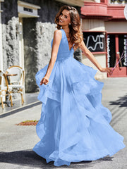 Robe de Soirée Princesse en Tulle à Col en V Longueur au Sol Bleu Grande Taille
