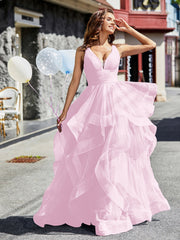 Robe de Soirée Princesse en Tulle à Col en V Longueur au Sol Rose Pâle
