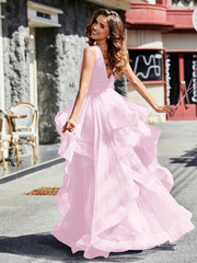 Robe de Soirée Princesse en Tulle à Col en V Longueur au Sol Rose Pâle Grande Taille
