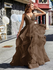 Robe de Soirée Princesse en Tulle à Col en V Longueur au Sol Brun Grande Taille