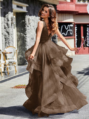 Robe de Soirée Princesse en Tulle à Col en V Longueur au Sol Brun Grande Taille