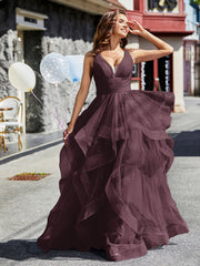 Robe de Soirée Princesse en Tulle à Col en V Longueur au Sol Cabernet Grande Taille