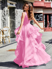 Robe de Soirée Princesse en Tulle à Col en V Longueur au Sol Rose Bonbon