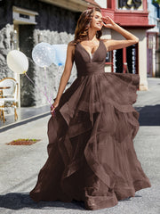 Robe de Soirée Princesse en Tulle à Col en V Longueur au Sol Chocolat Grande Taille