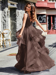 Robe de Soirée Princesse en Tulle à Col en V Longueur au Sol Chocolat Grande Taille