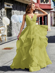 Robe de Soirée Princesse en Tulle à Col en V Longueur au Sol Trèfle Grande Taille