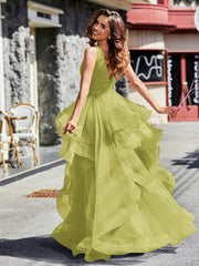Robe de Soirée Princesse en Tulle à Col en V Longueur au Sol Trèfle