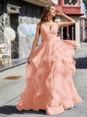 Robe de Soirée Princesse en Tulle à Col en V Longueur au Sol Corail
