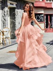 Robe de Soirée Princesse en Tulle à Col en V Longueur au Sol Corail Grande Taille