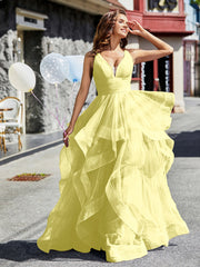 Robe de Soirée Princesse en Tulle à Col en V Longueur au Sol Jonquille