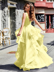 Robe de Soirée Princesse en Tulle à Col en V Longueur au Sol Jonquille