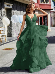 Robe de Soirée Princesse en Tulle à Col en V Longueur au Sol Vert Foncé