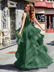 Robe de Soirée Princesse en Tulle à Col en V Longueur au Sol Vert Foncé