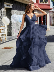Robe de Soirée Princesse en Tulle à Col en V Longueur au Sol Bleu Marine