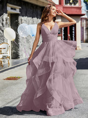 Robe de Soirée Princesse en Tulle à Col en V Longueur au Sol Crépuscule Grande Taille