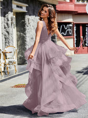 Robe de Soirée Princesse en Tulle à Col en V Longueur au Sol Crépuscule
