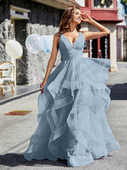 Robe de Soirée Princesse en Tulle à Col en V Longueur au Sol Bleu Poudré
