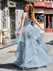 Robe de Soirée Princesse en Tulle à Col en V Longueur au Sol Bleu Poudré