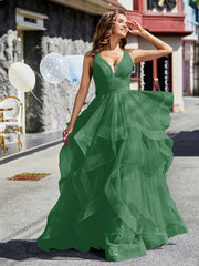 Robe de Soirée Princesse en Tulle à Col en V Longueur au Sol Emeraude Grande Taille