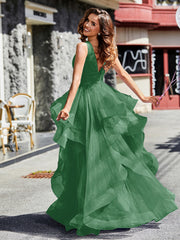 Robe de Soirée Princesse en Tulle à Col en V Longueur au Sol Emeraude Grande Taille