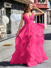 Robe de Soirée Princesse en Tulle à Col en V Longueur au Sol Fuchsia