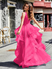 Robe de Soirée Princesse en Tulle à Col en V Longueur au Sol Fuchsia Grande Taille