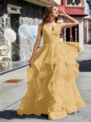 Robe de Soirée Princesse en Tulle à Col en V Longueur au Sol Or