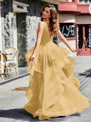 Robe de Soirée Princesse en Tulle à Col en V Longueur au Sol Or