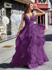 Robe de Soirée Princesse en Tulle à Col en V Longueur au Sol Raisin