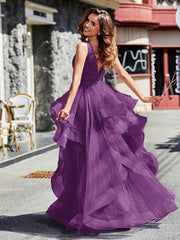 Robe de Soirée Princesse en Tulle à Col en V Longueur au Sol Raisin