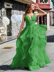 Robe de Soirée Princesse en Tulle à Col en V Longueur au Sol Vert Grande Taille