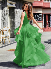 Robe de Soirée Princesse en Tulle à Col en V Longueur au Sol Vert Grande Taille