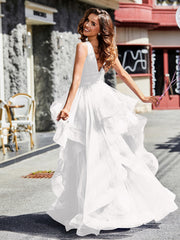 Robe de Soirée Princesse en Tulle à Col en V Longueur au Sol Ivoire