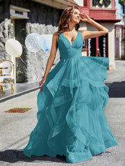 Robe de Soirée Princesse en Tulle à Col en V Longueur au Sol Jade Grande Taille
