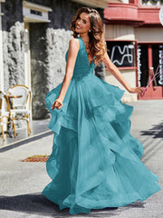 Robe de Soirée Princesse en Tulle à Col en V Longueur au Sol Jade Grande Taille