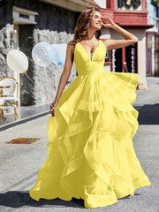 Robe de Soirée Princesse en Tulle à Col en V Longueur au Sol Citron