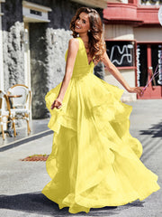 Robe de Soirée Princesse en Tulle à Col en V Longueur au Sol Citron