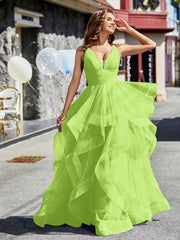 Robe de Soirée Princesse en Tulle à Col en V Longueur au Sol Vert Citron Grande Taille